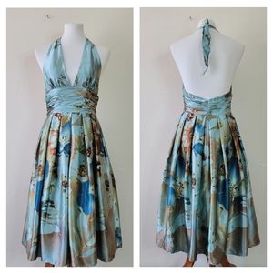 Adrianna Papell Dress Halter Silk Floral Embroidered Sequin Detail Blue Floral 6